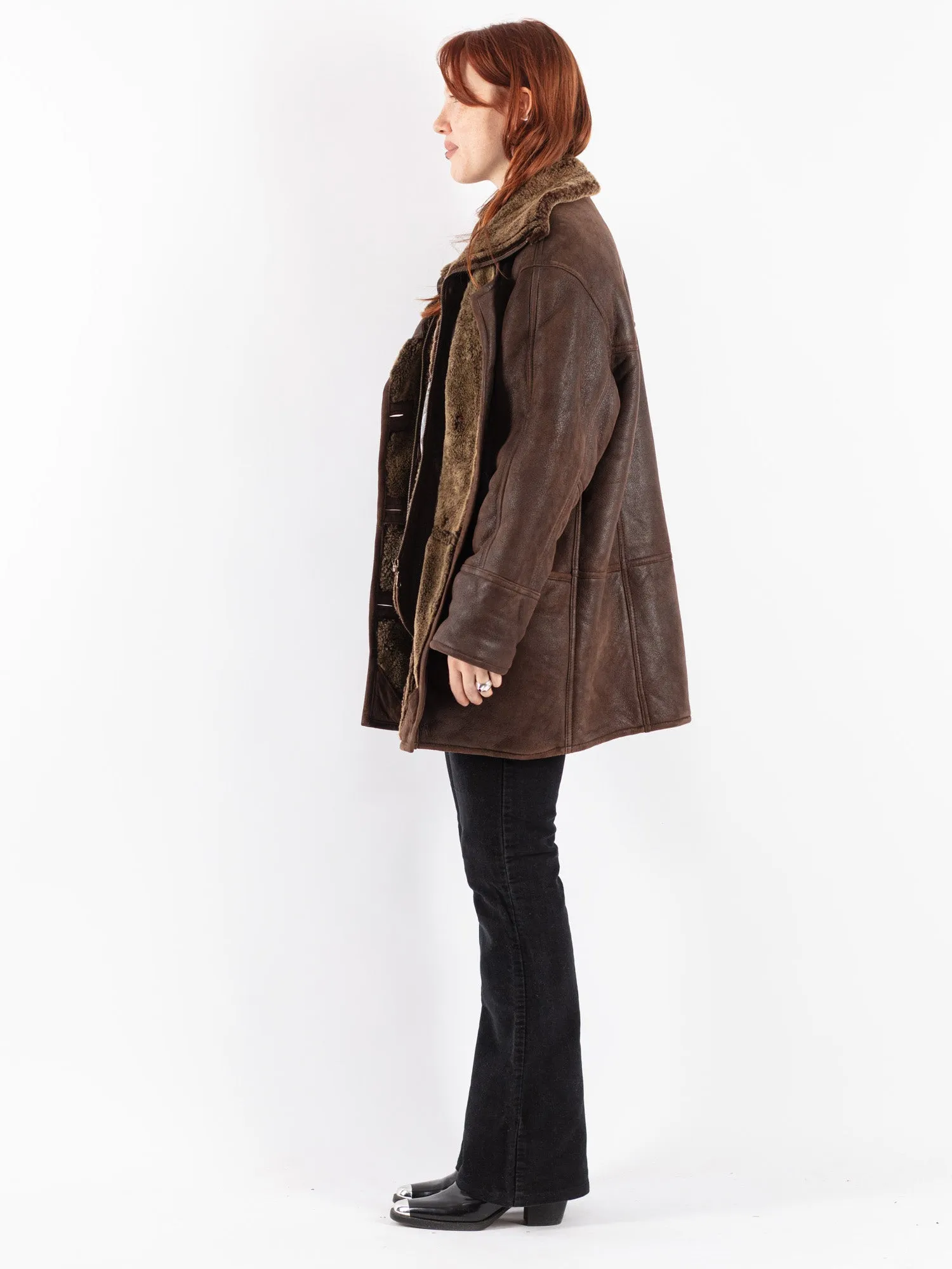 Vintage 80's Women Sheepskin Shearling Coat in Brown