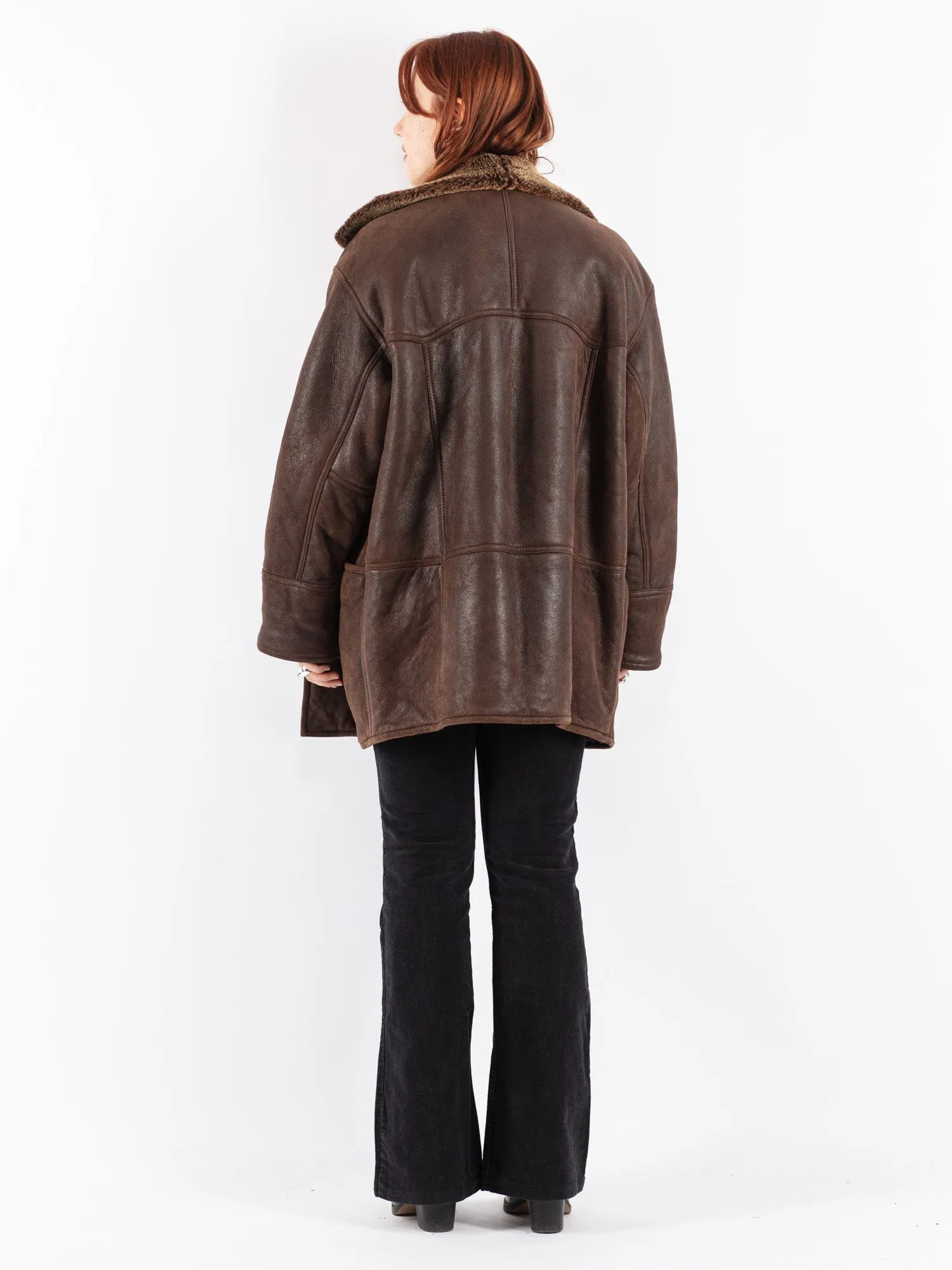 Vintage 80's Women Sheepskin Shearling Coat in Brown