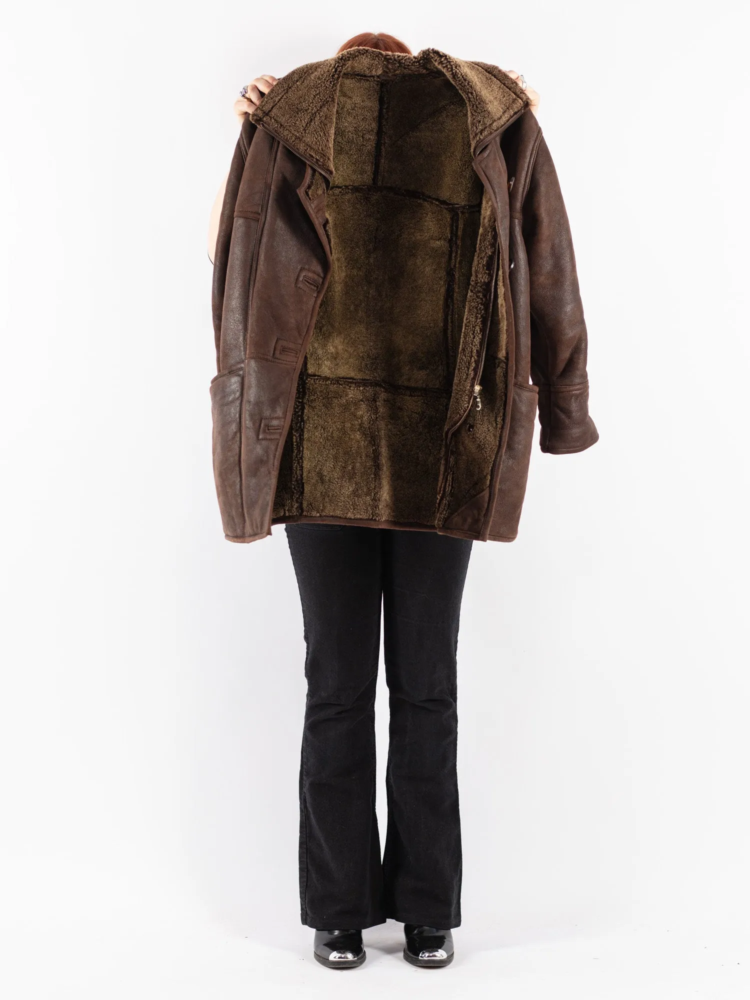 Vintage 80's Women Sheepskin Shearling Coat in Brown