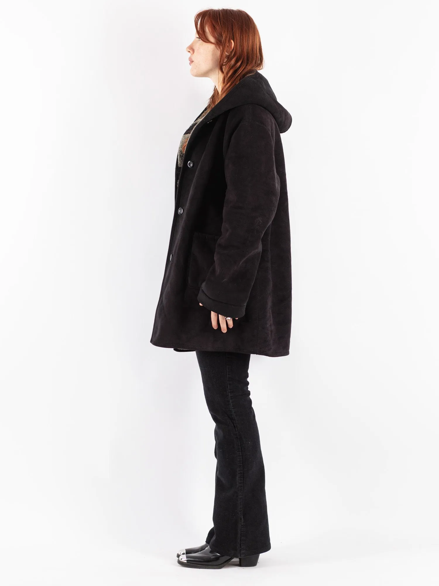 Vintage 90's Women Faux Sheepskin Coat in Black