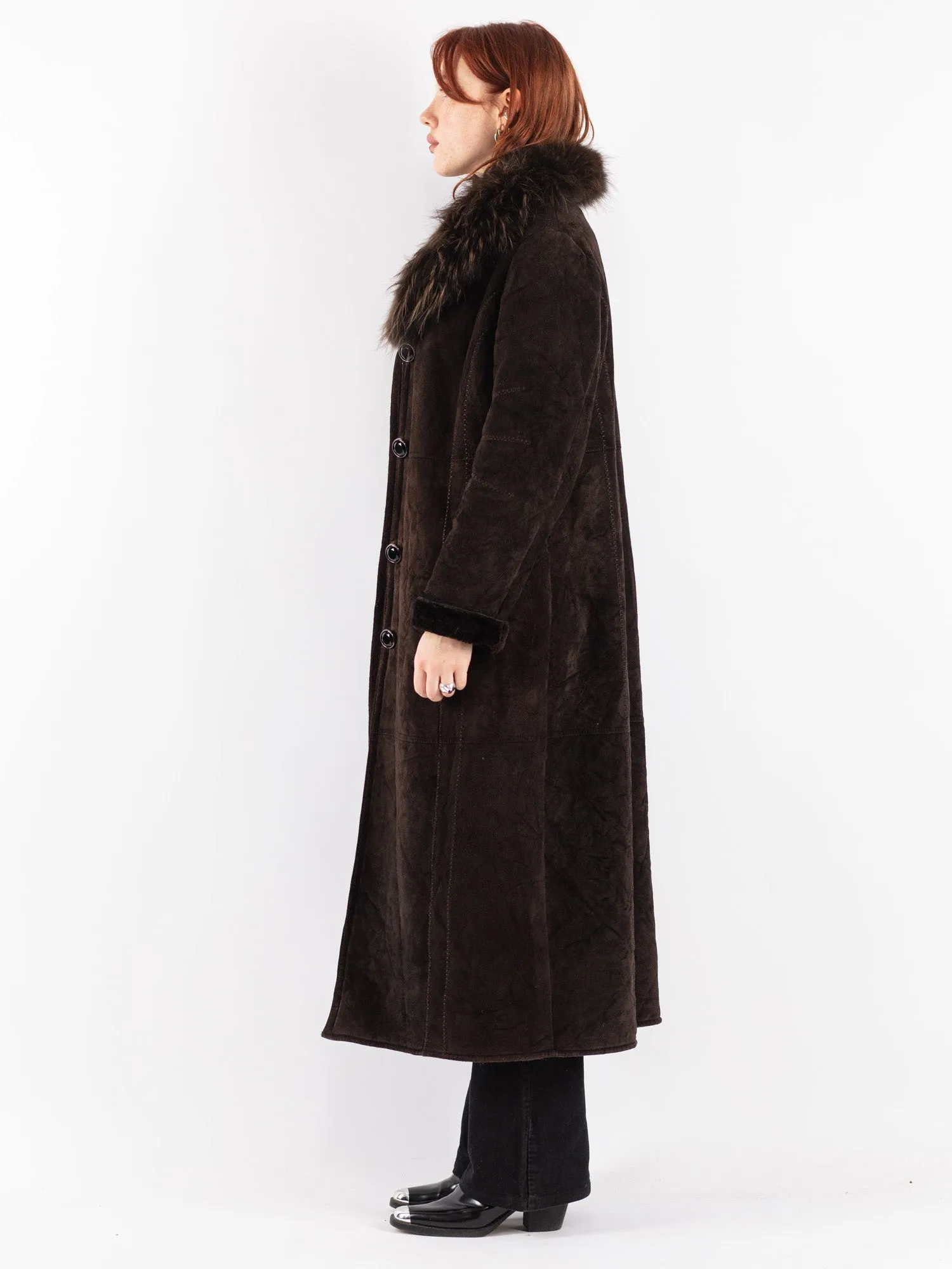 Vintage 90's Women Faux Sheepskin Long Coat in Brown