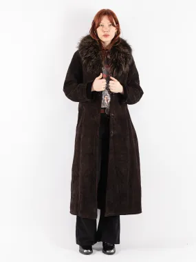 Vintage 90's Women Faux Sheepskin Long Coat in Brown