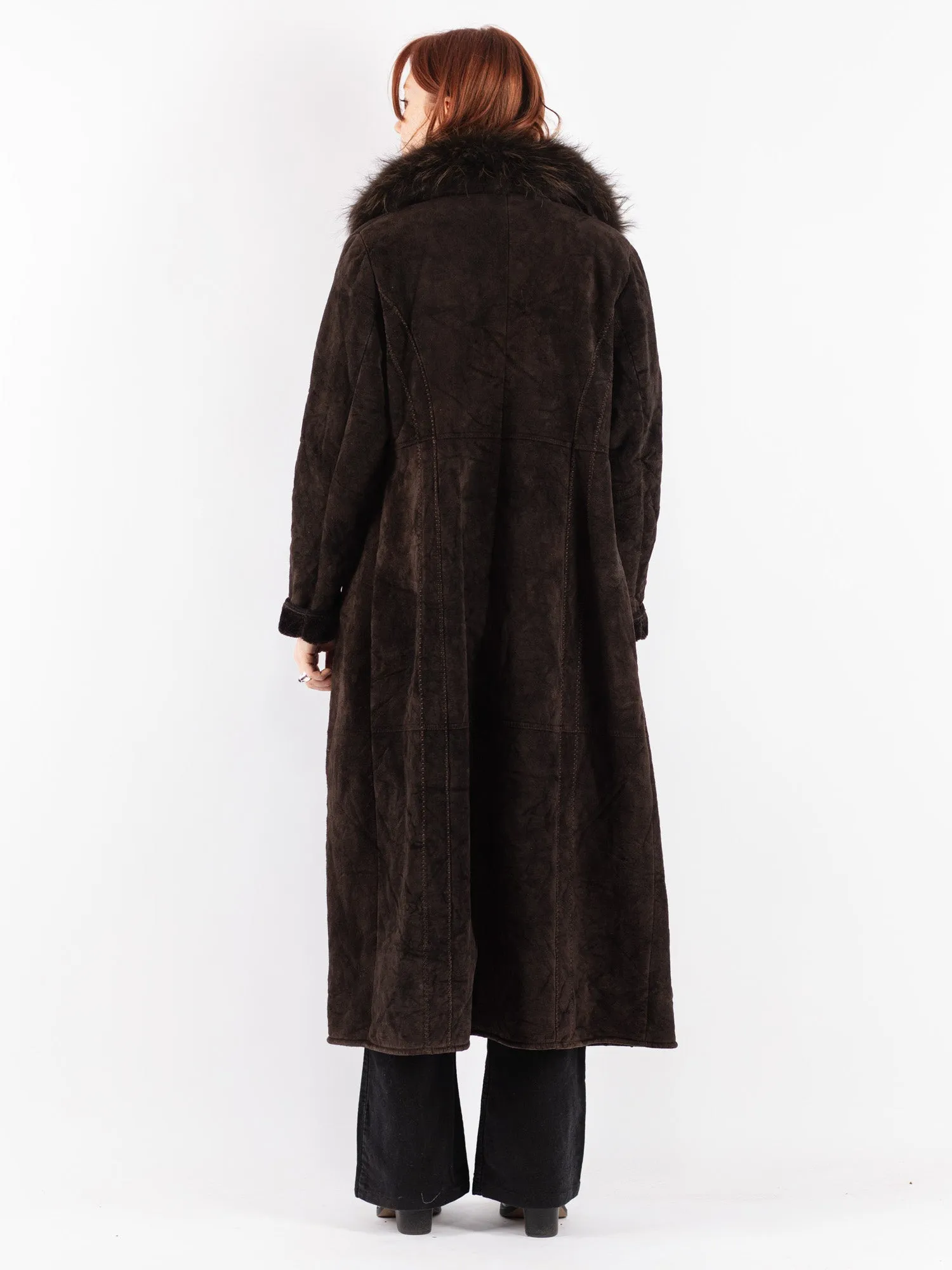 Vintage 90's Women Faux Sheepskin Long Coat in Brown