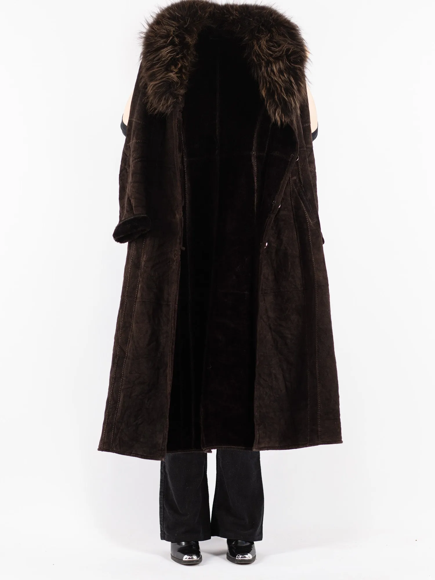 Vintage 90's Women Faux Sheepskin Long Coat in Brown