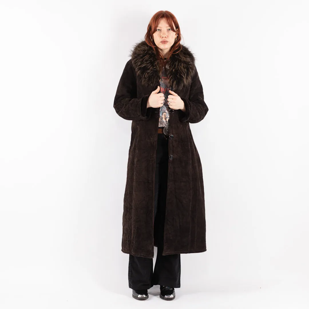 Vintage 90's Women Faux Sheepskin Long Coat in Brown