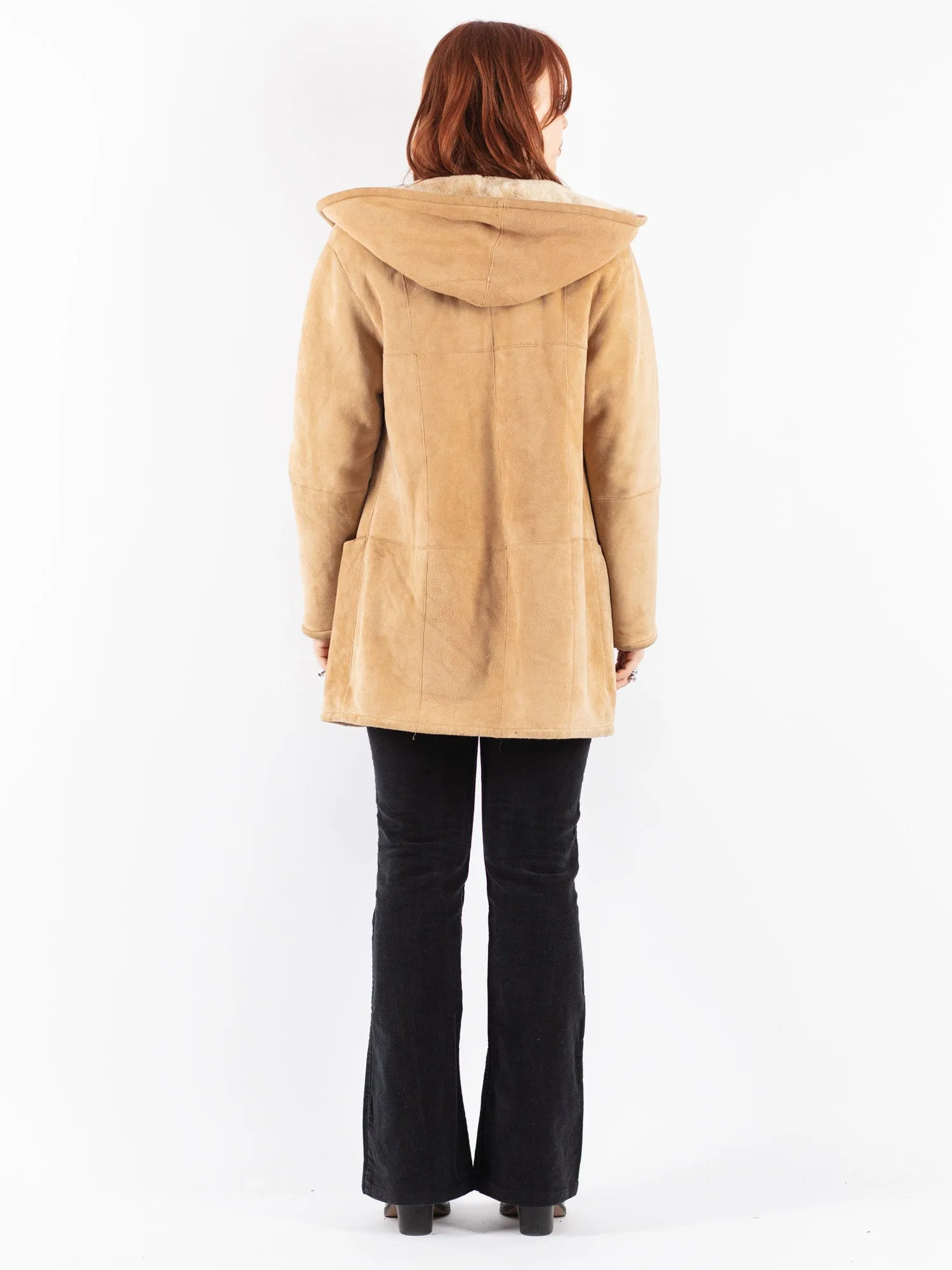 Vintage 90's Women Hooded Sheepskin Coat in Beige