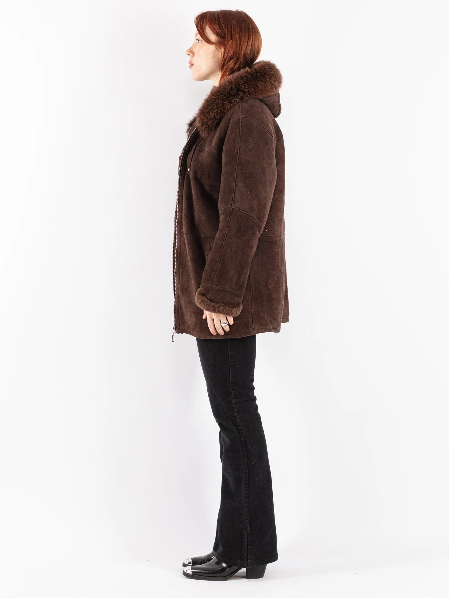 Vintage 90's Women Hooded Sheepskin Coat in Brown