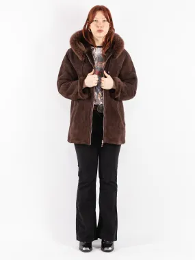 Vintage 90's Women Hooded Sheepskin Coat in Brown