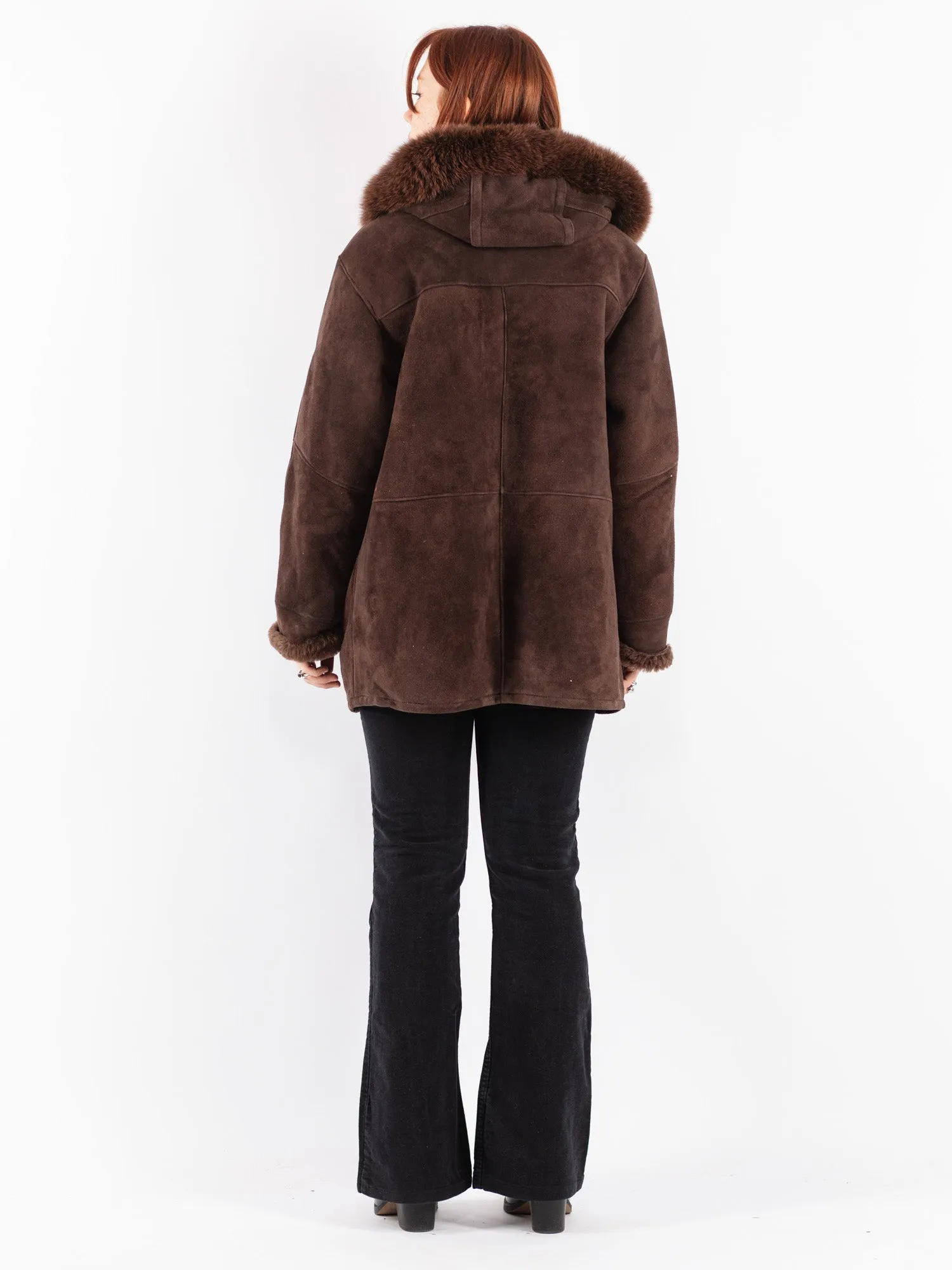 Vintage 90's Women Hooded Sheepskin Coat in Brown