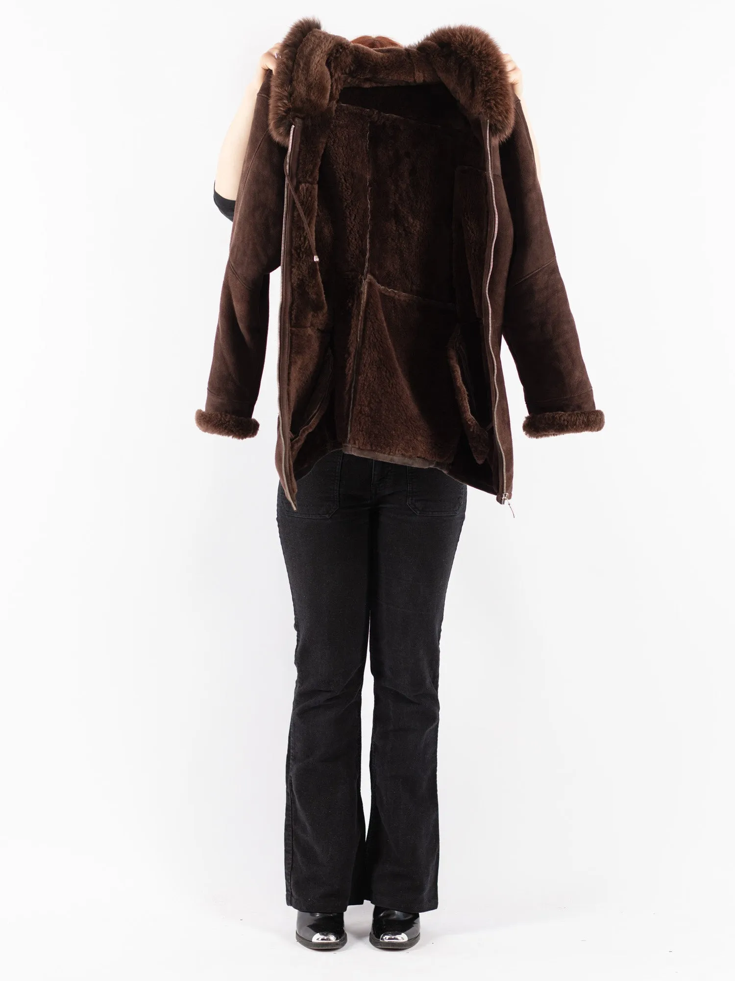 Vintage 90's Women Hooded Sheepskin Coat in Brown