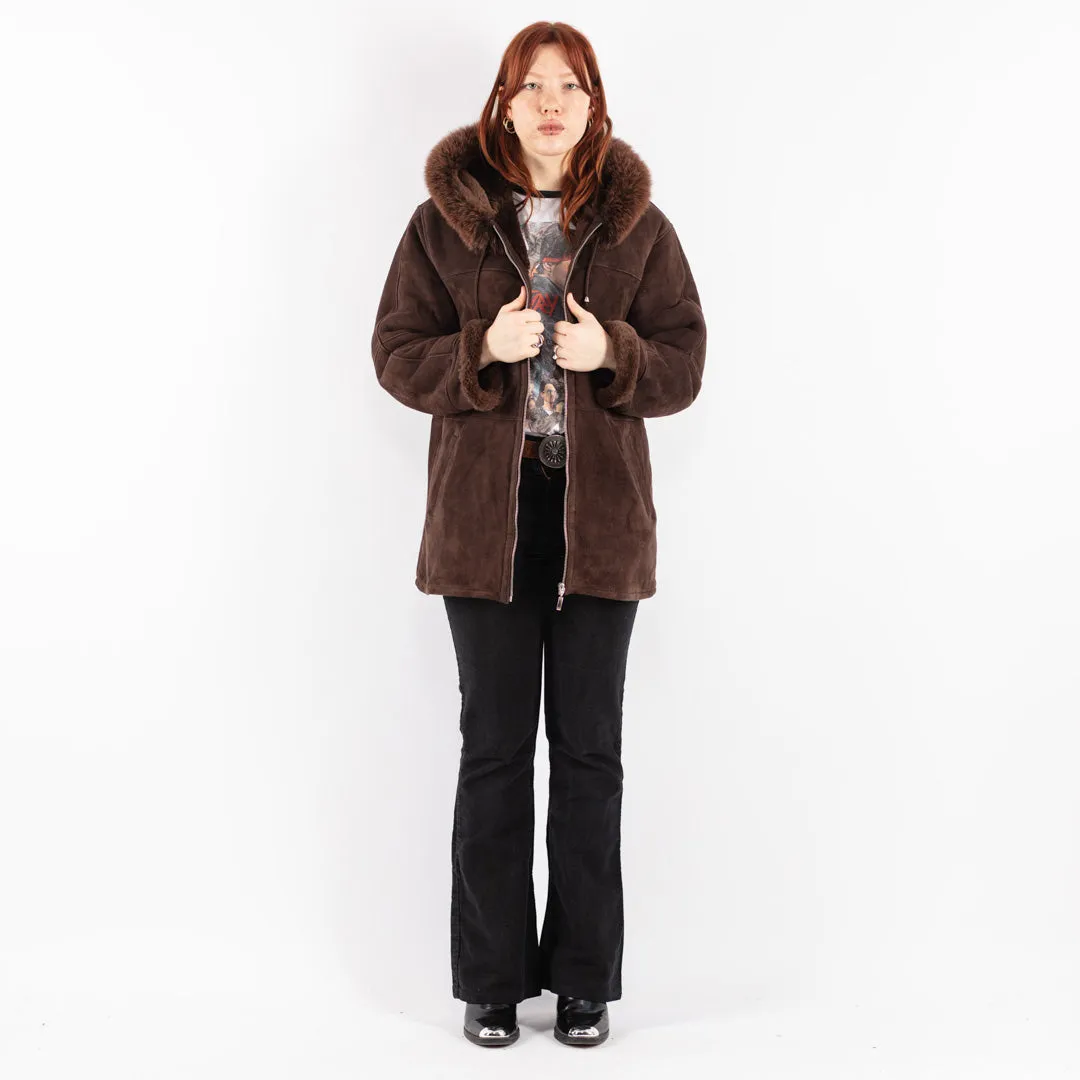 Vintage 90's Women Hooded Sheepskin Coat in Brown