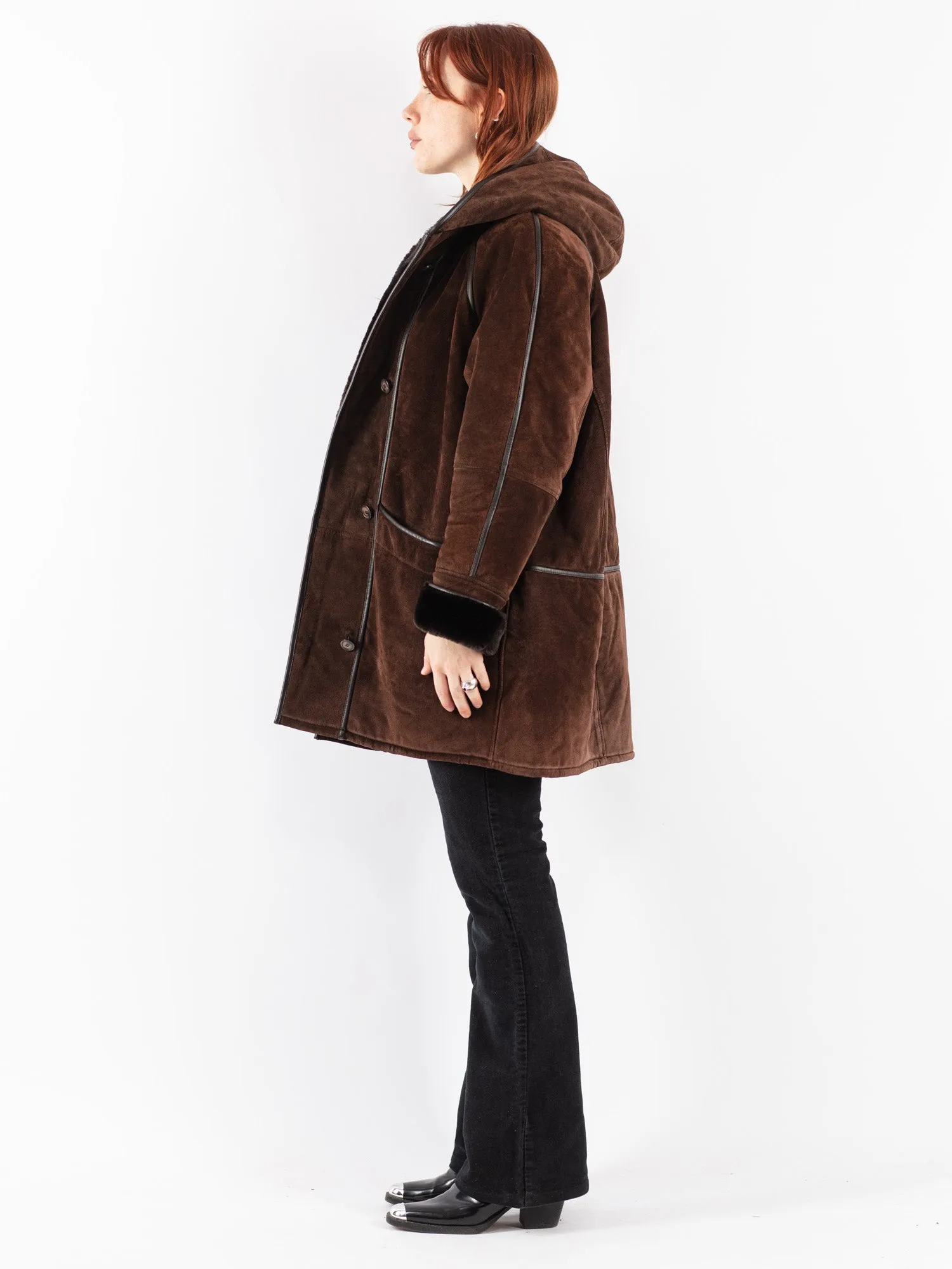 Vintage 90's Women Hooded Suede Sherpa Coat in Brown