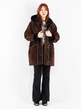 Vintage 90's Women Hooded Suede Sherpa Coat in Brown