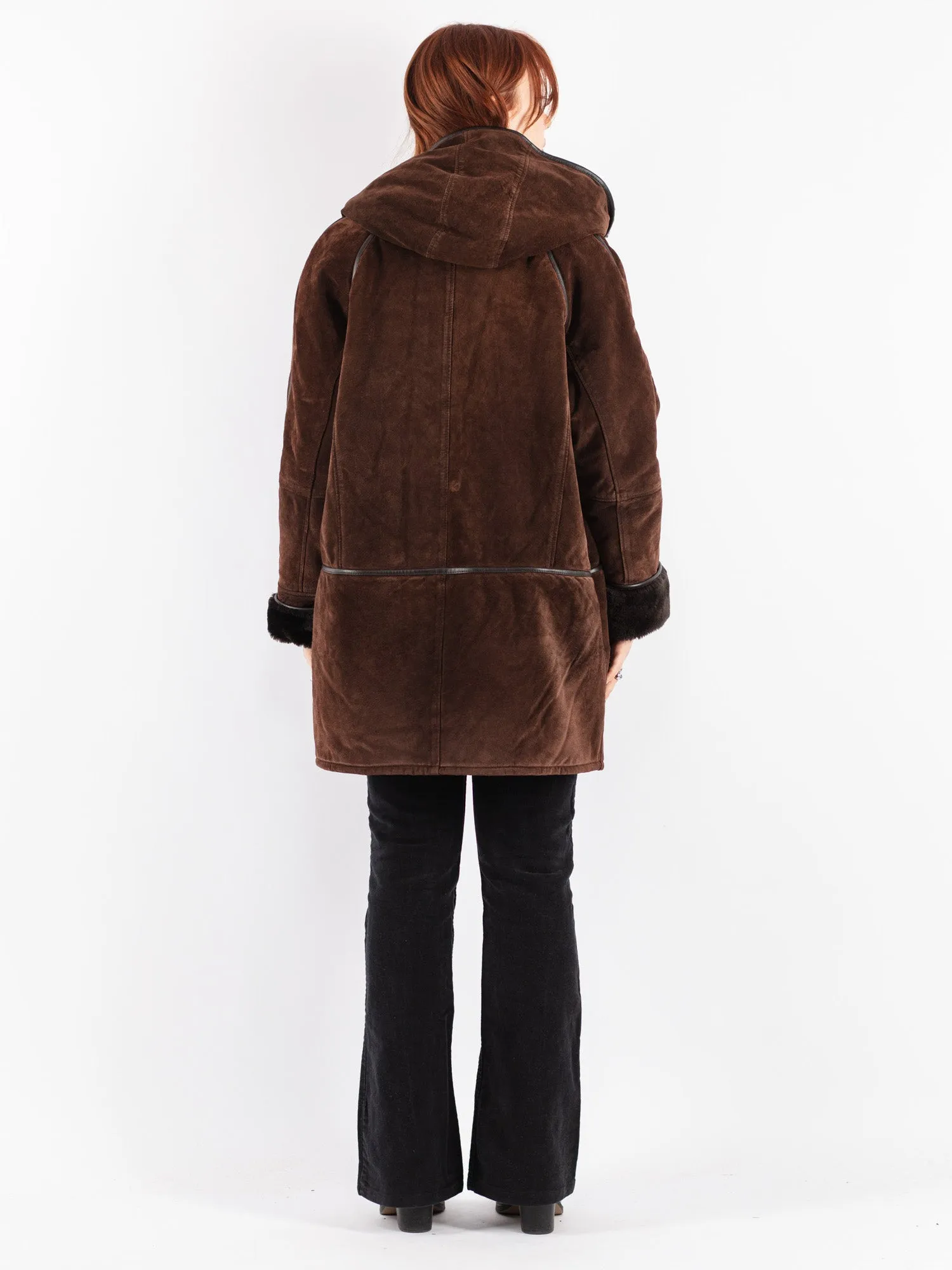 Vintage 90's Women Hooded Suede Sherpa Coat in Brown