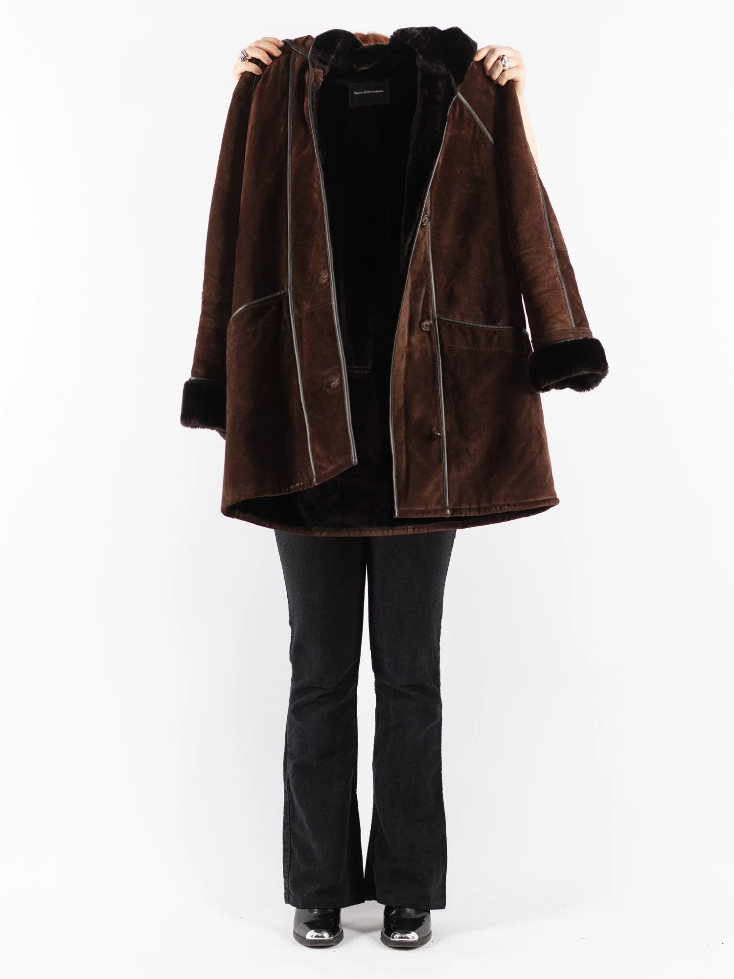 Vintage 90's Women Hooded Suede Sherpa Coat in Brown