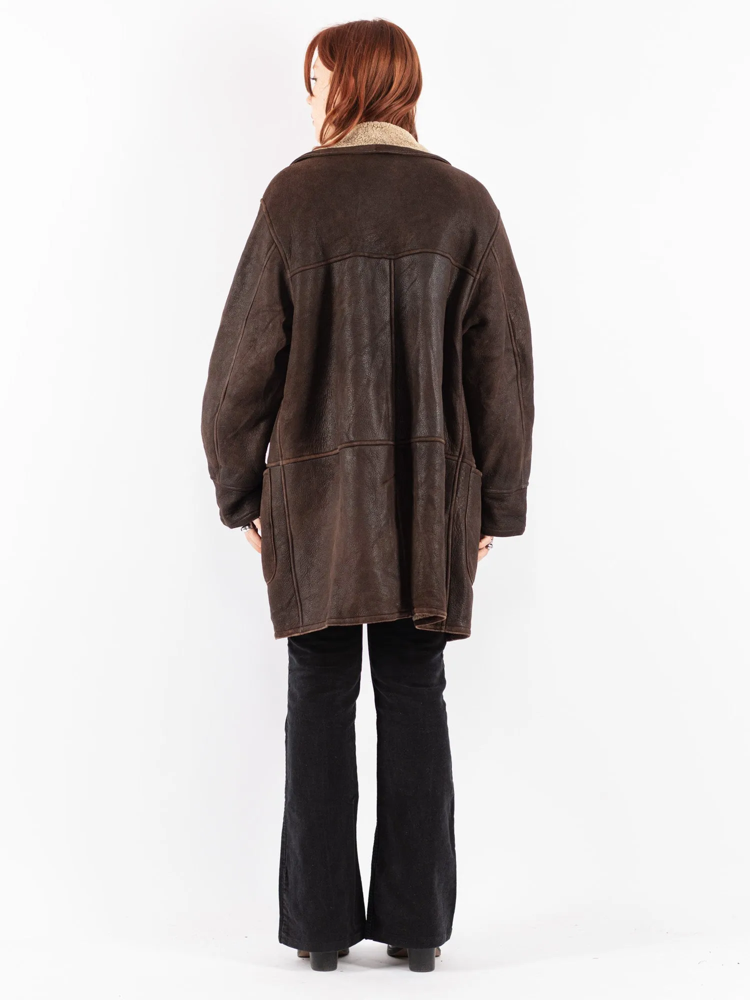 Vintage 90's Women Oversized Sheepskin Coat in Brown