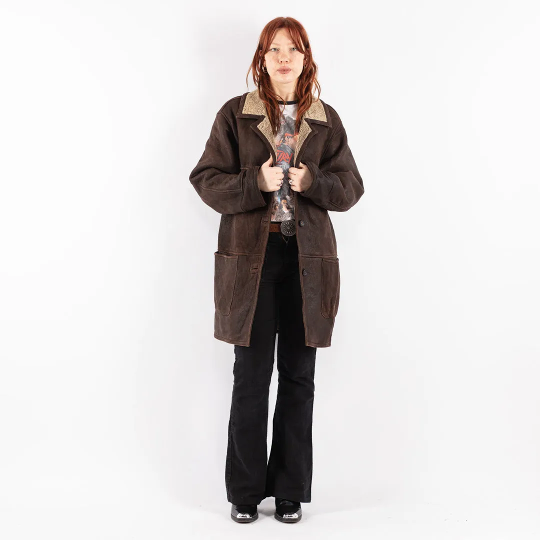 Vintage 90's Women Oversized Sheepskin Coat in Brown