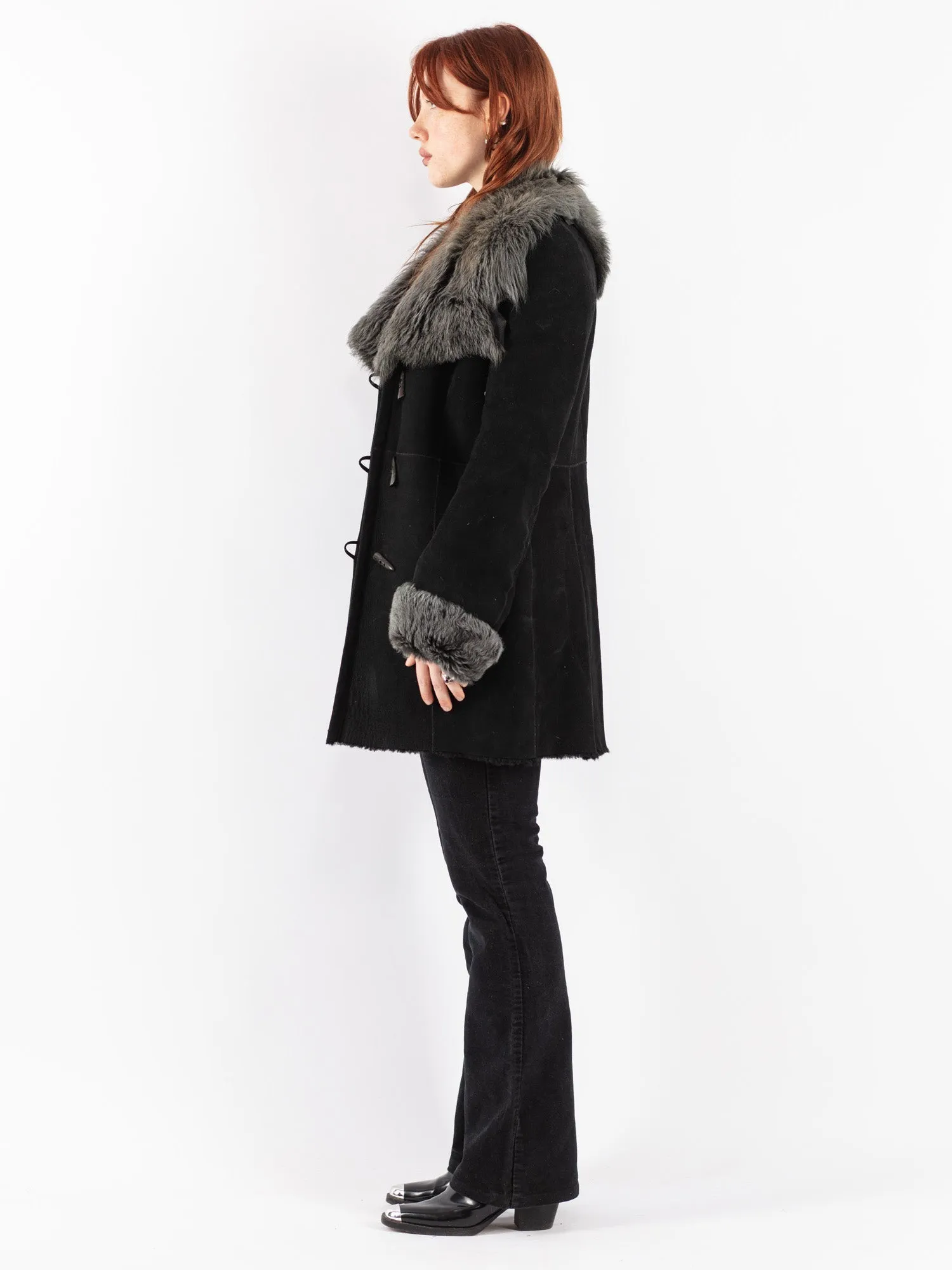 Vintage 90's Women Sheepskin Shearling Coat in Black