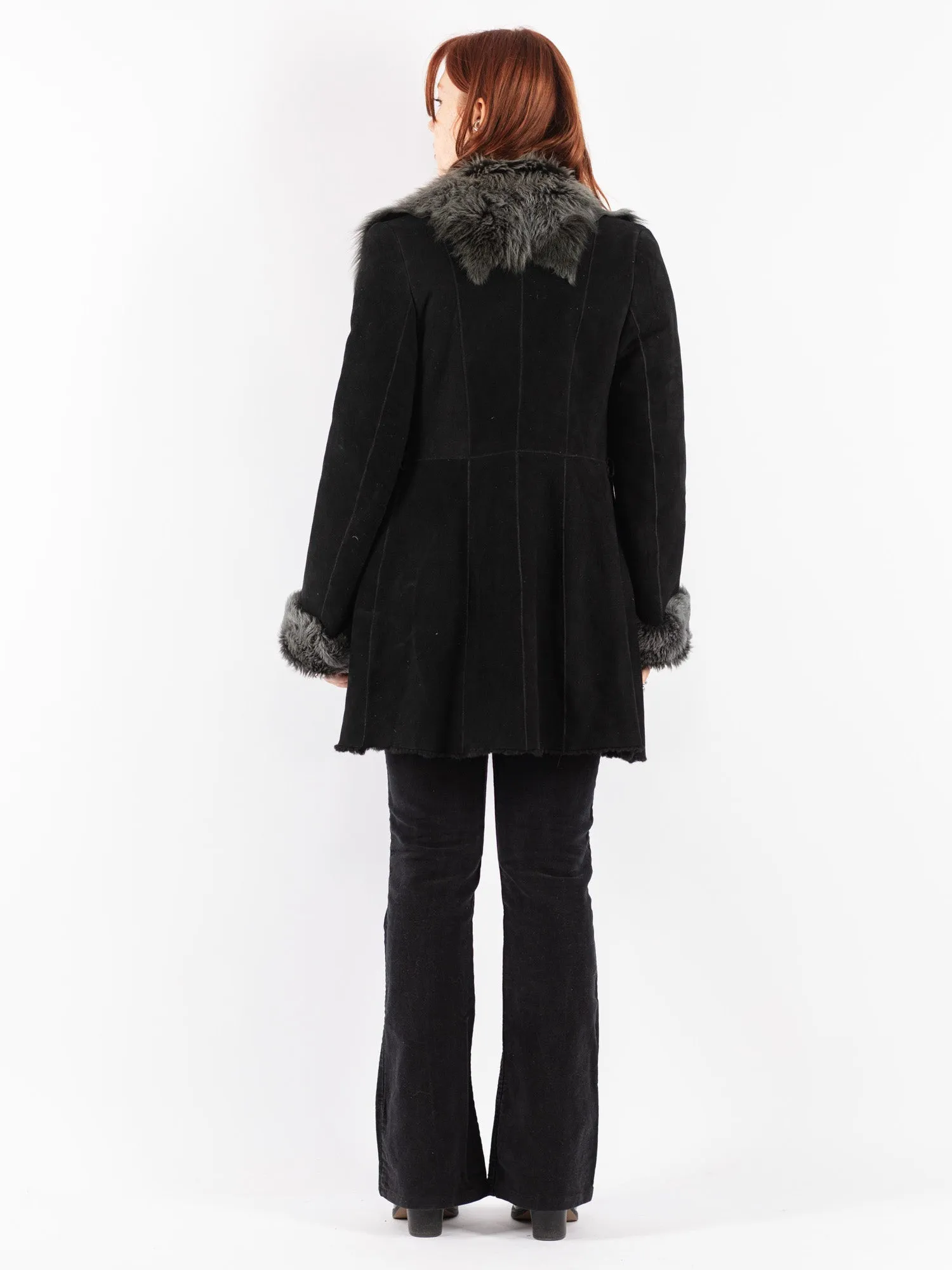 Vintage 90's Women Sheepskin Shearling Coat in Black