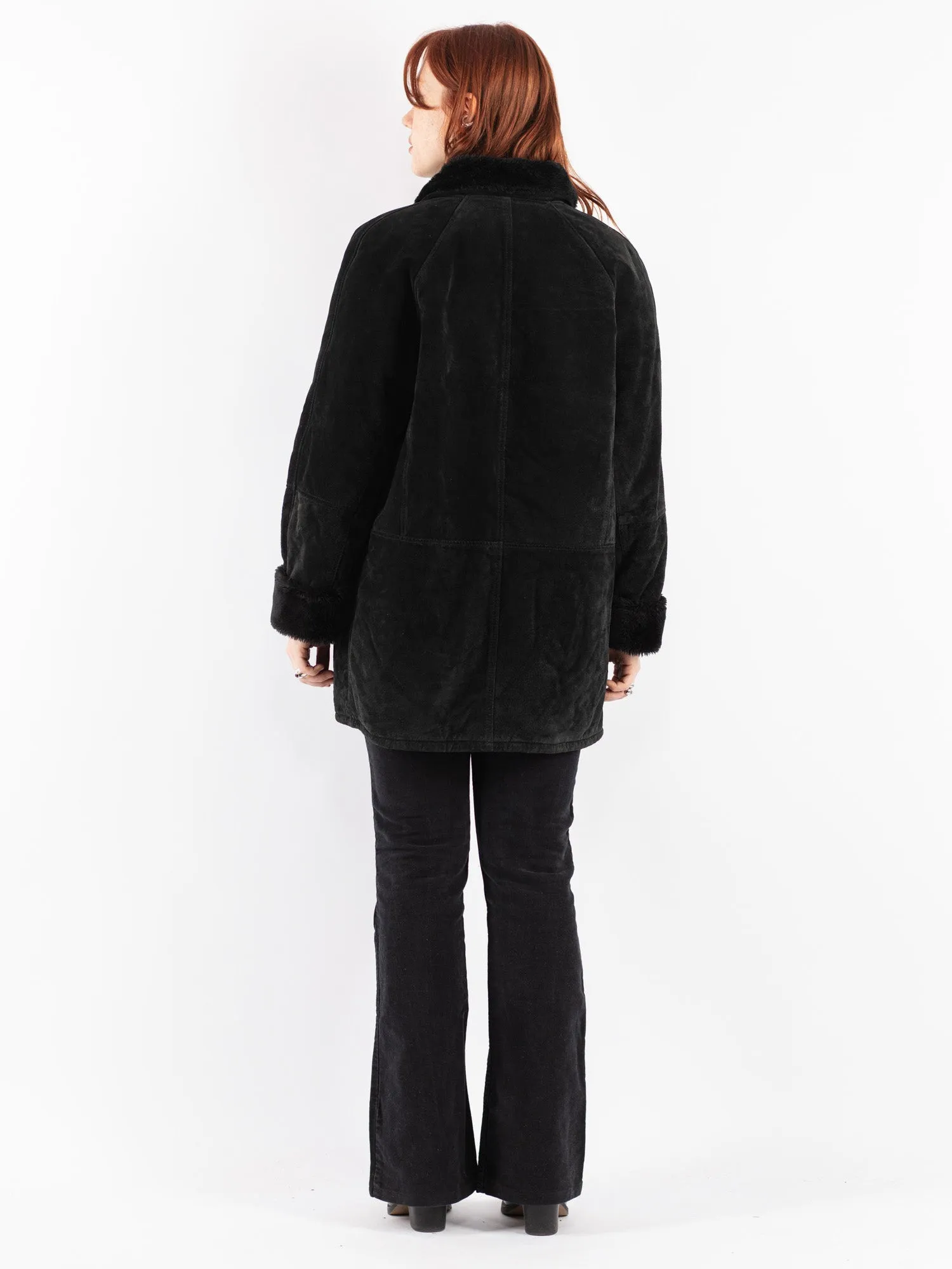 Vintage 90's Women Suede Sherpa Coat in Black