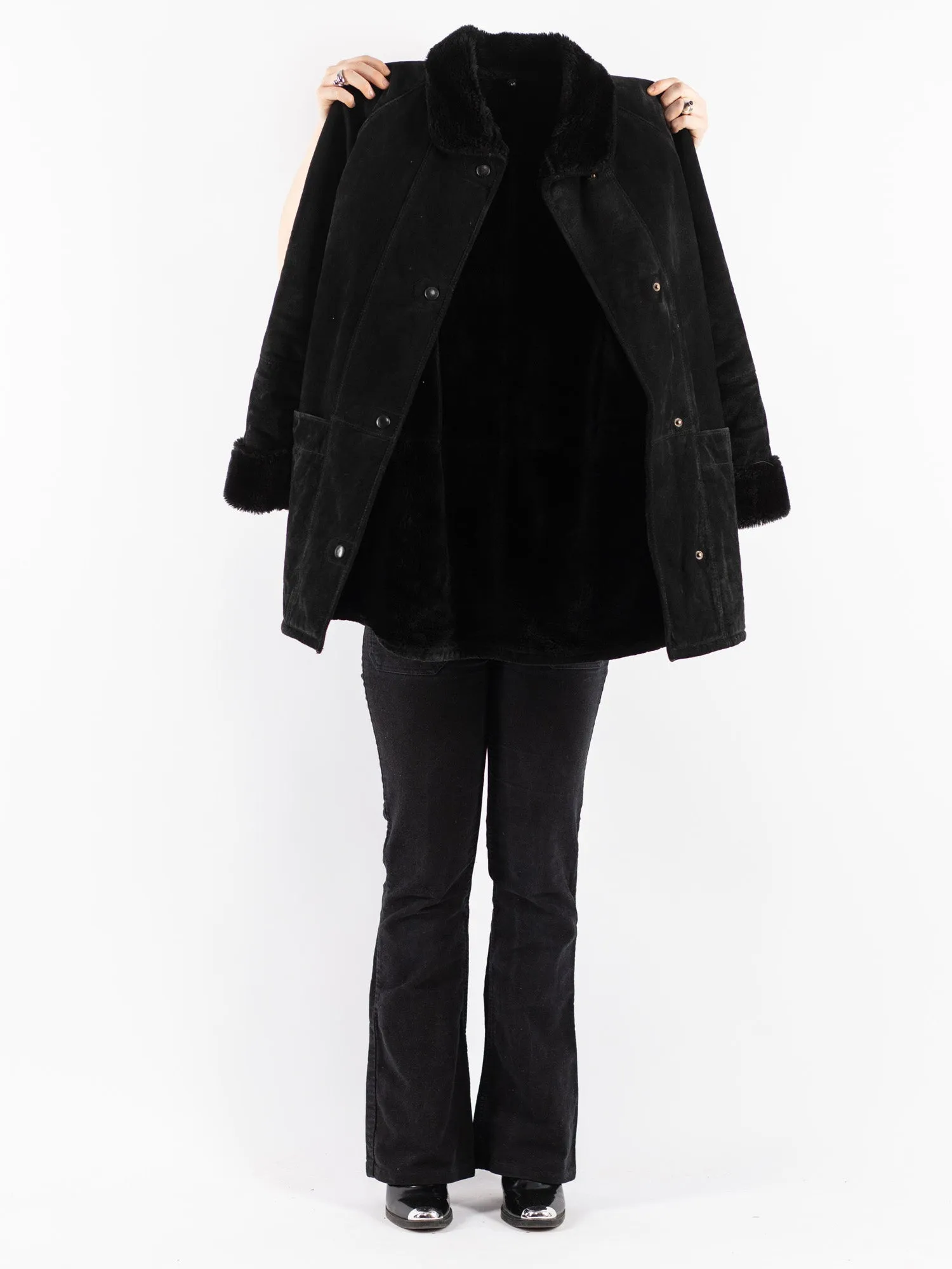 Vintage 90's Women Suede Sherpa Coat in Black