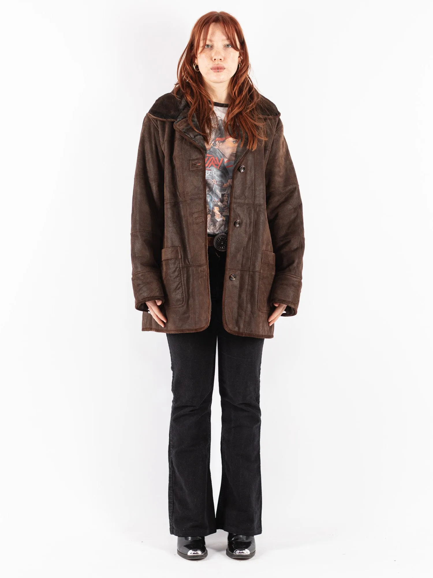 Vintage 90's Women Suede Sherpa Coat in Brown