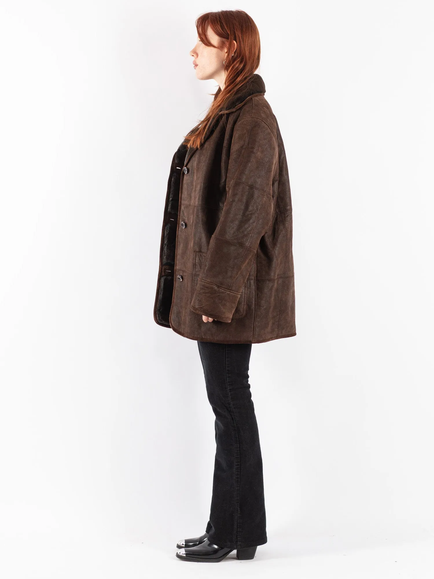 Vintage 90's Women Suede Sherpa Coat in Brown