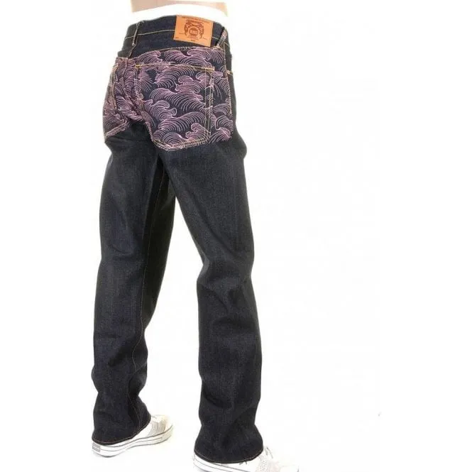 Vintage Cut Dark Indigo Raw Denim Jeans with Pink Tsunami Waves