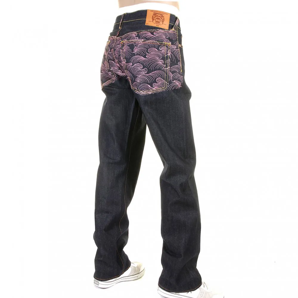 Vintage Cut Dark Indigo Raw Denim Jeans with Pink Tsunami Waves