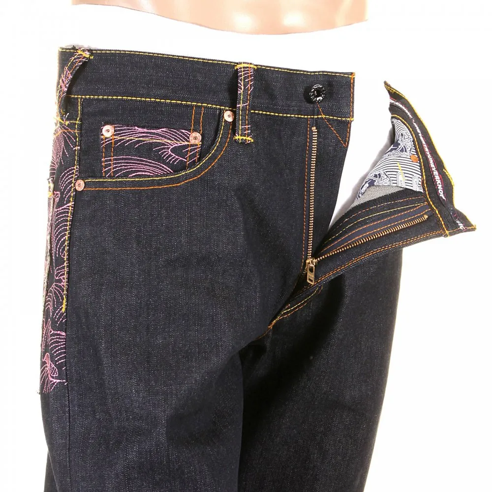 Vintage Cut Dark Indigo Raw Denim Jeans with Pink Tsunami Waves