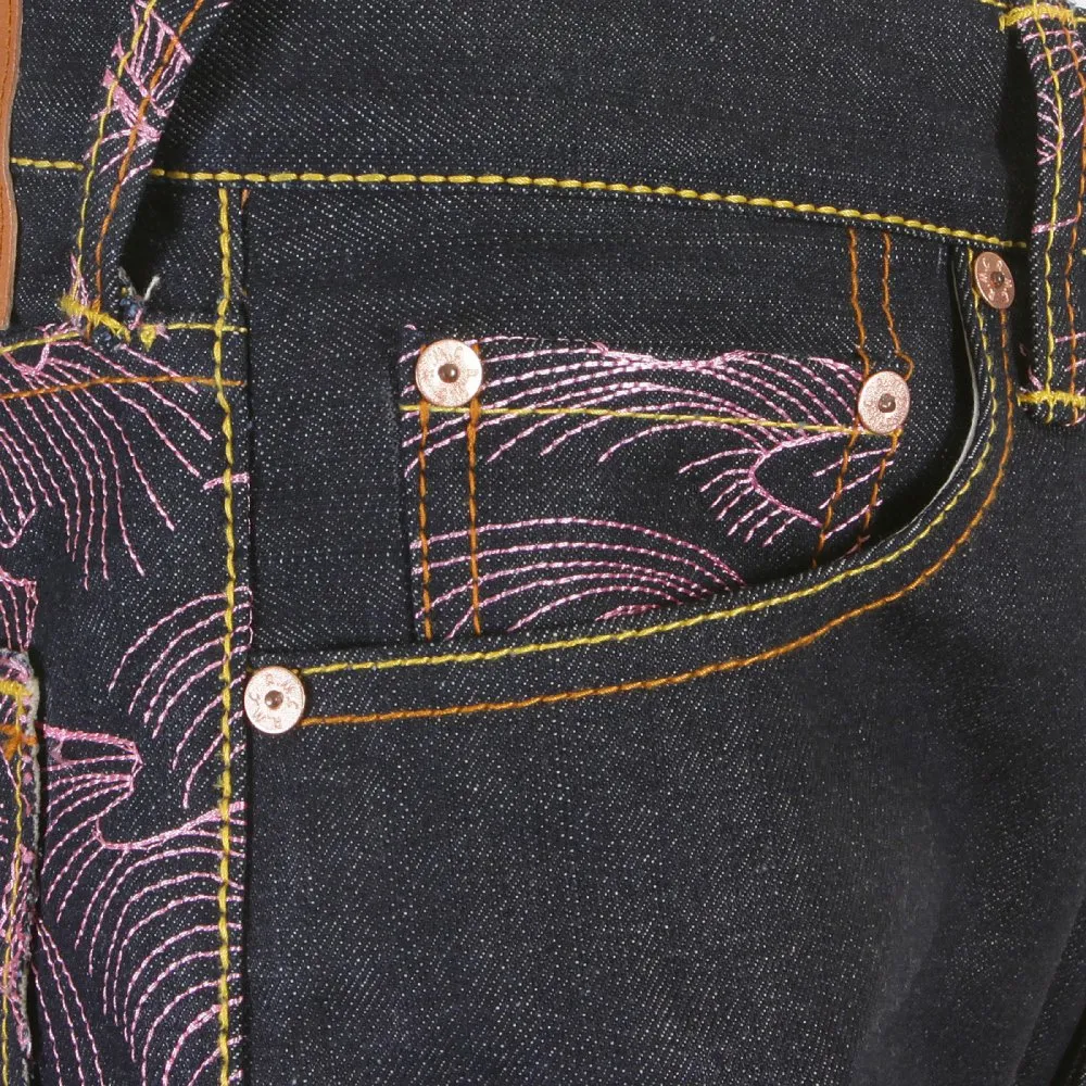 Vintage Cut Dark Indigo Raw Denim Jeans with Pink Tsunami Waves