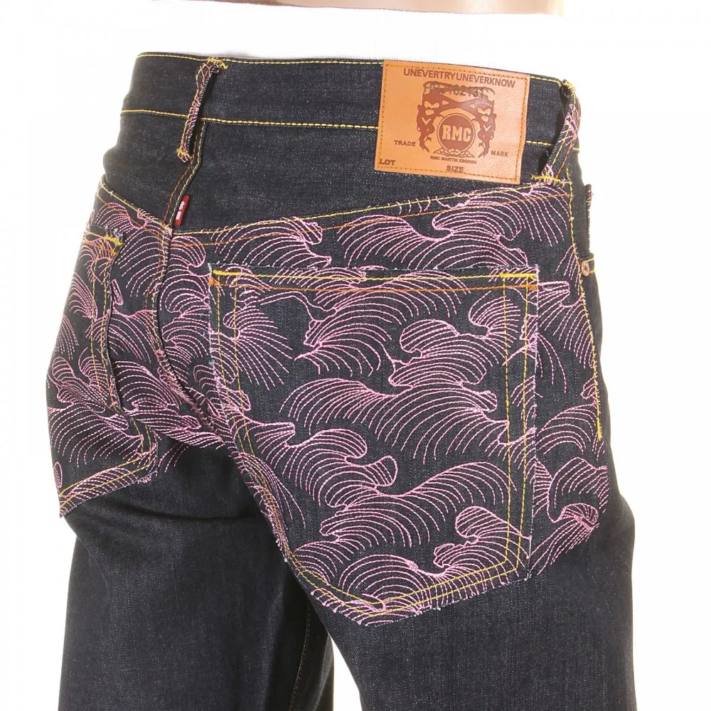 Vintage Cut Dark Indigo Raw Denim Jeans with Pink Tsunami Waves