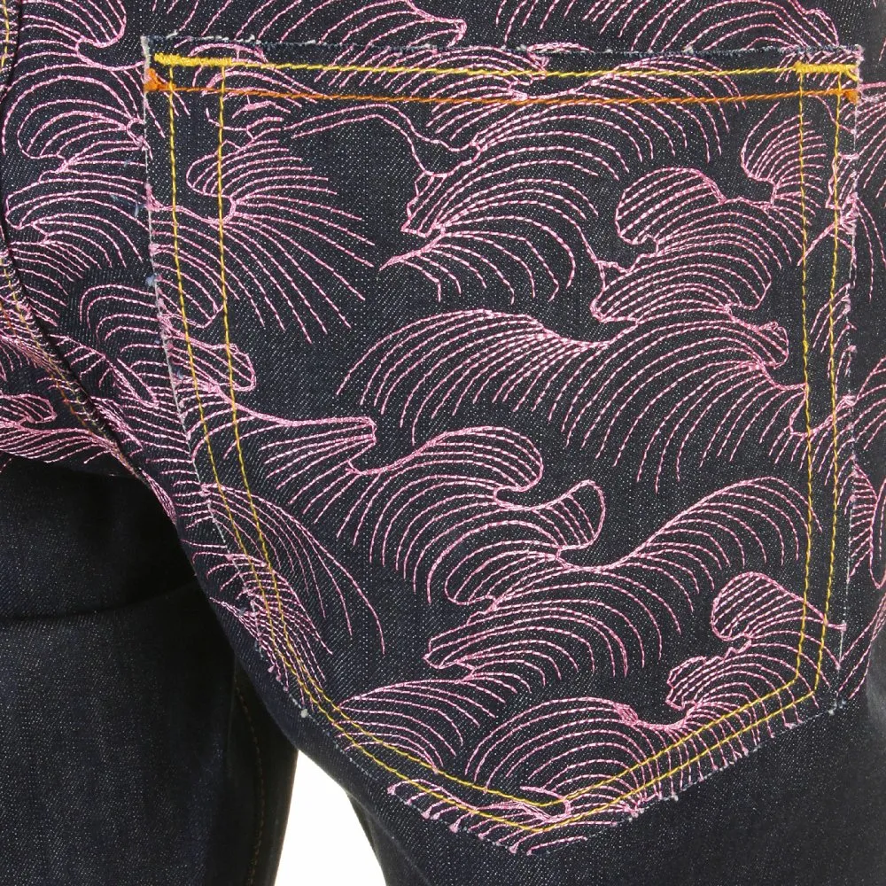 Vintage Cut Dark Indigo Raw Denim Jeans with Pink Tsunami Waves