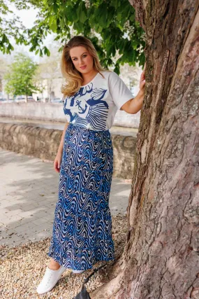 Wave Print Long Skirt in Navy