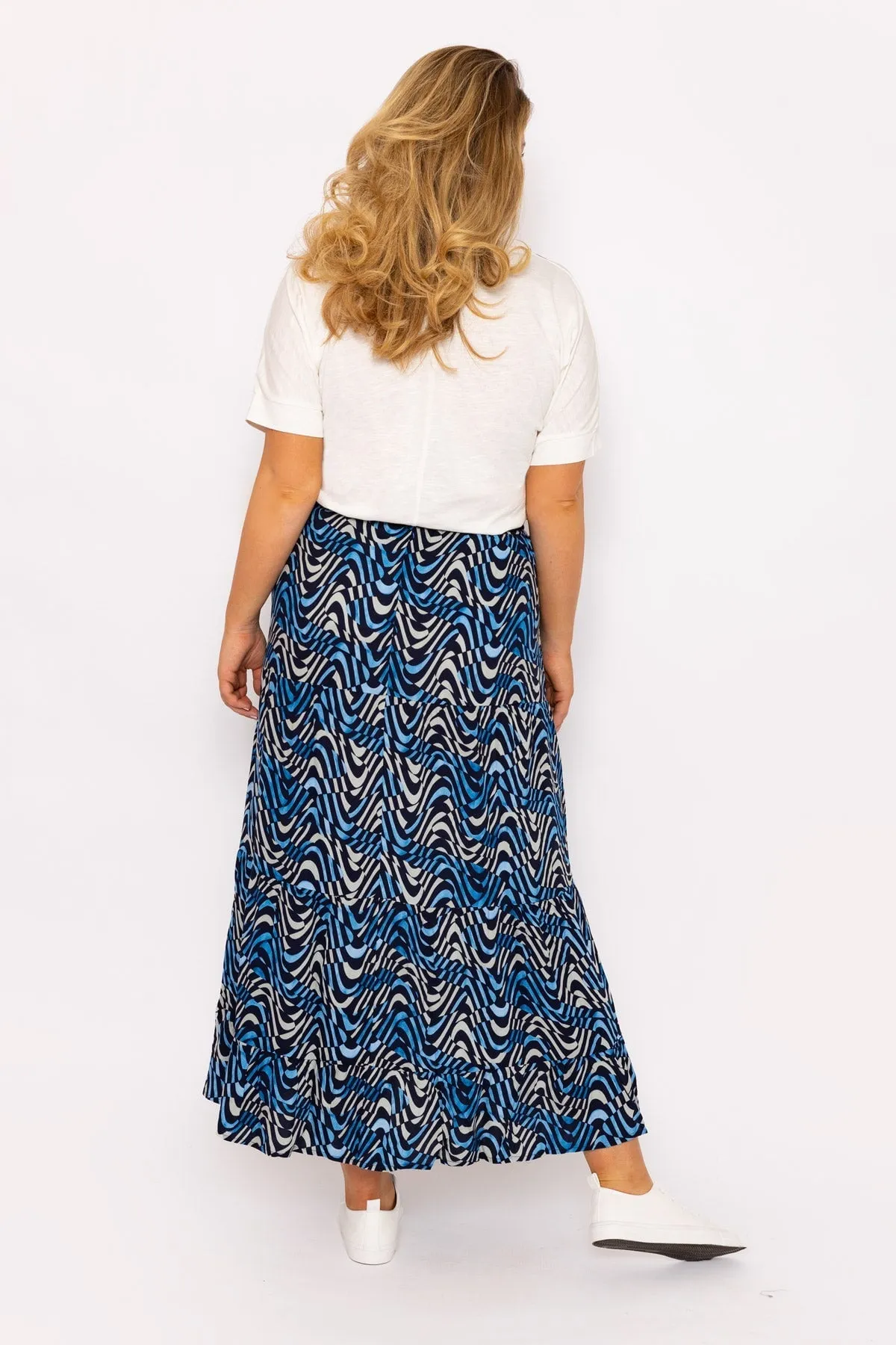 Wave Print Long Skirt in Navy