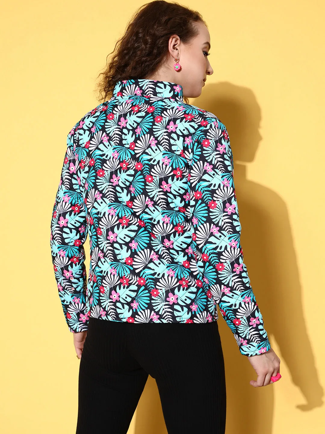 Women Black & Teal Tropical Puffer Jacket