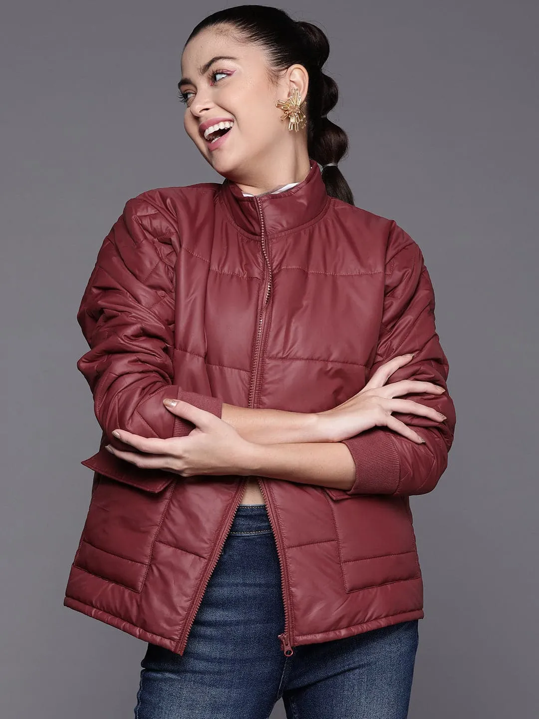 Women Maroon Front Flap Pocket Quilted Puffer Jacket