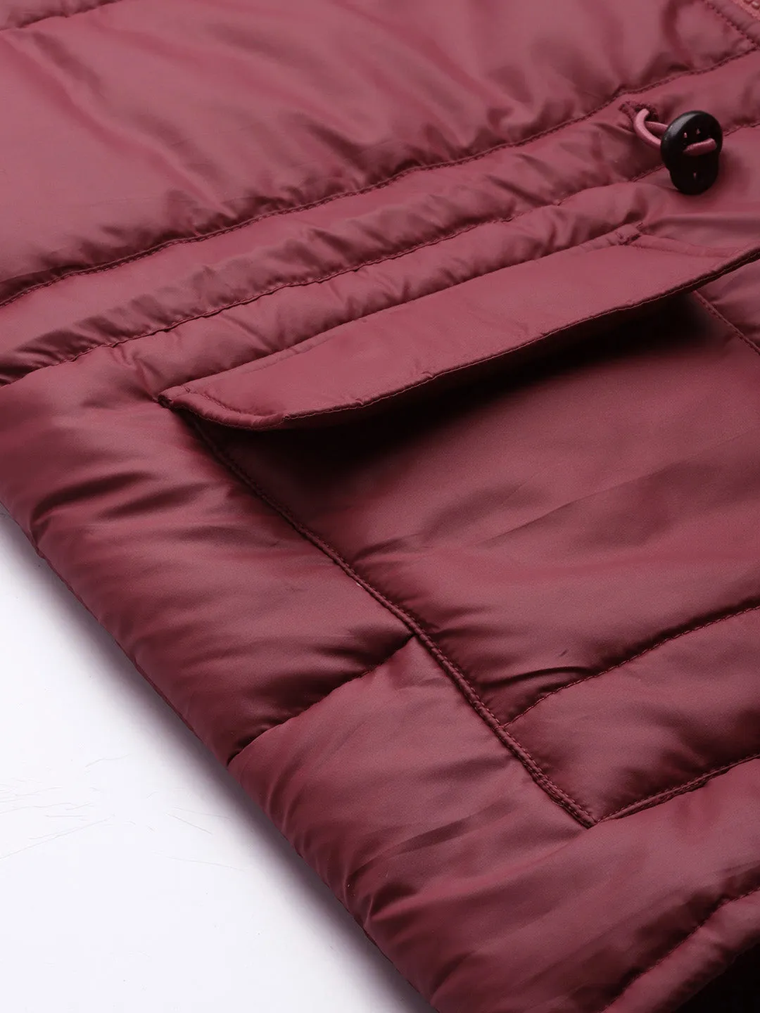 Women Maroon Front Flap Pocket Quilted Puffer Jacket