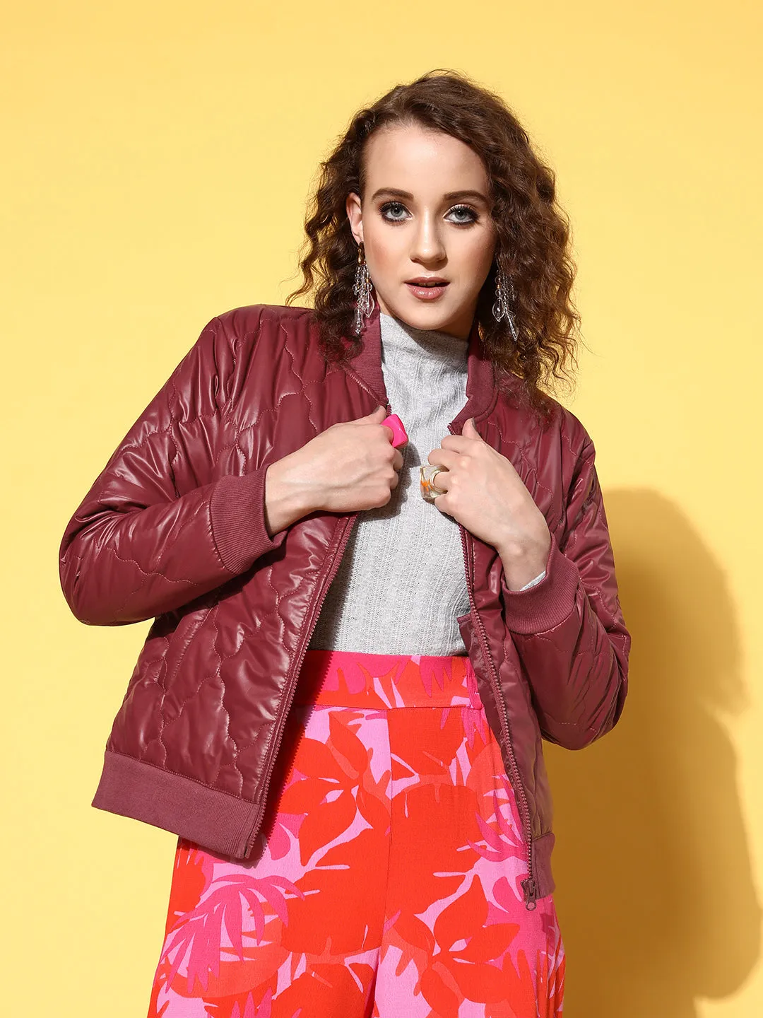 Women Maroon Front Pockets Puffer Bomber Jacket