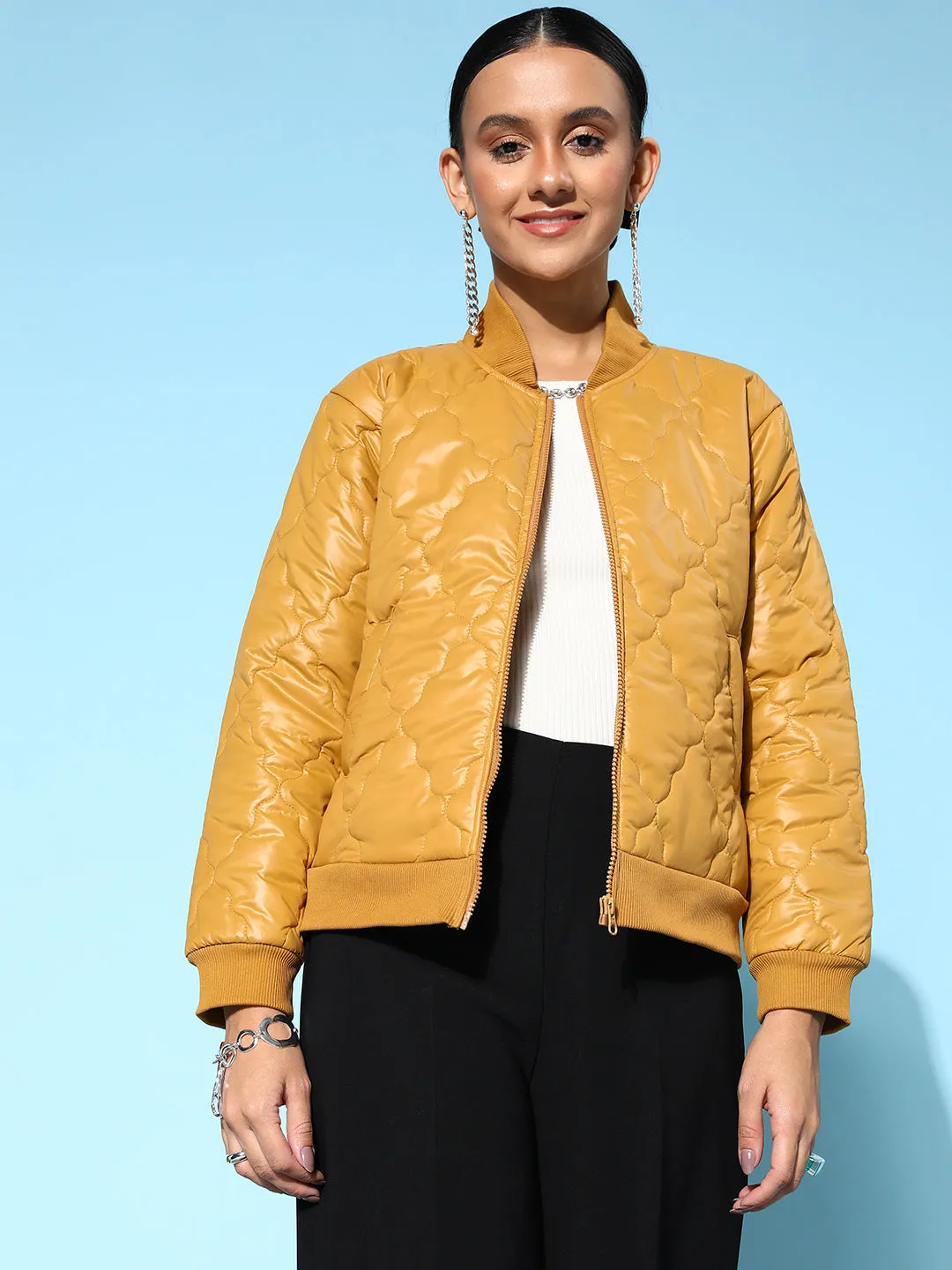 Women Mustard Front Pockets Puffer Bomber Jacket