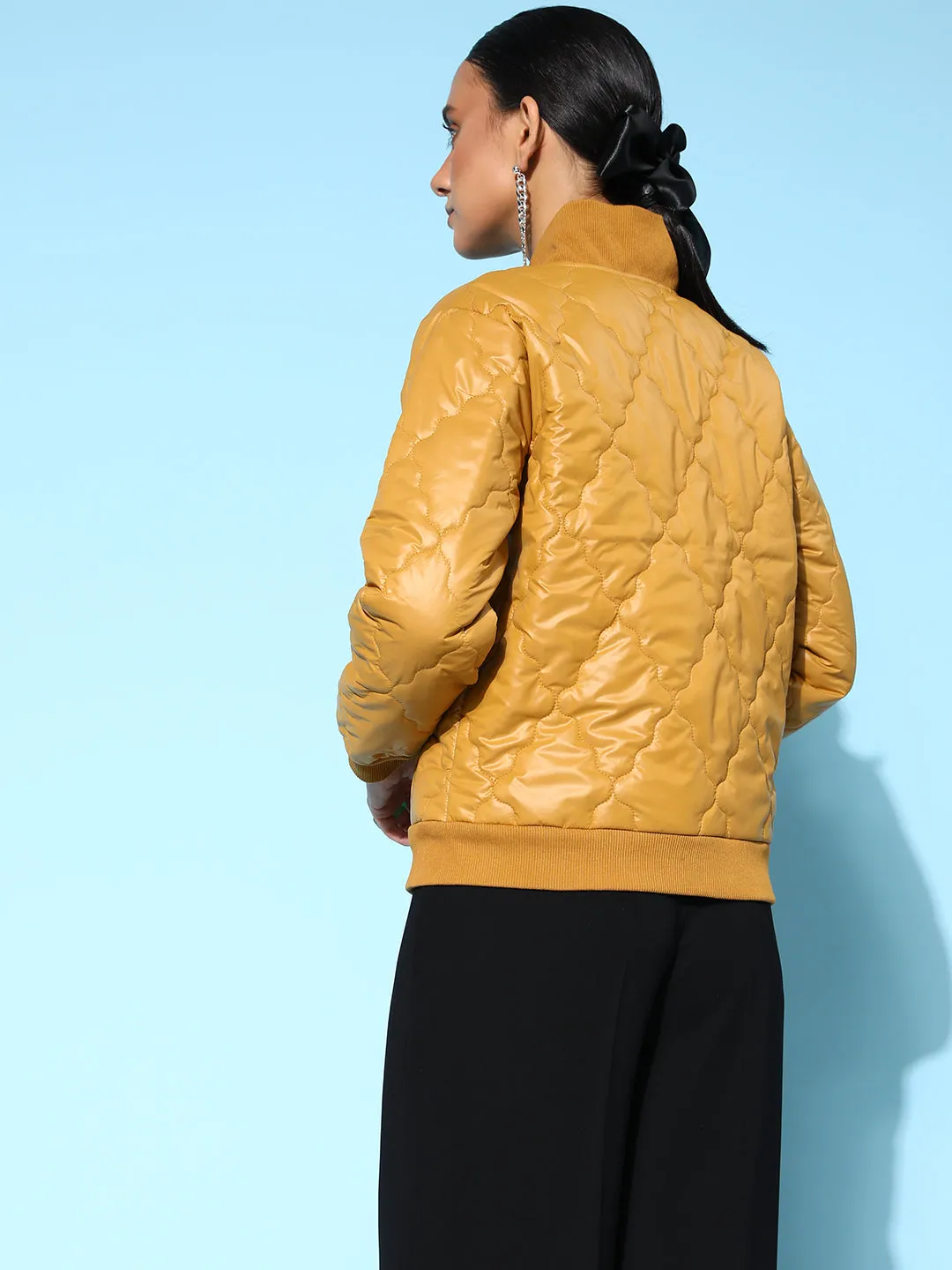 Women Mustard Front Pockets Puffer Bomber Jacket