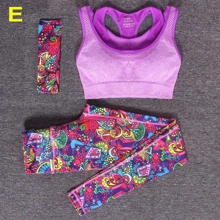 Women Yoga Fitness Sports Sets Gym Workout Sportswear 3pcs/Set Tracksuits Headband+Bra+Printed Yoga Pants Sport Leggings Suits