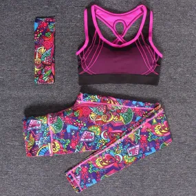 Women Yoga Fitness Sports Sets Gym Workout Sportswear 3pcs/Set Tracksuits Headband+Bra+Printed Yoga Pants Sport Leggings Suits