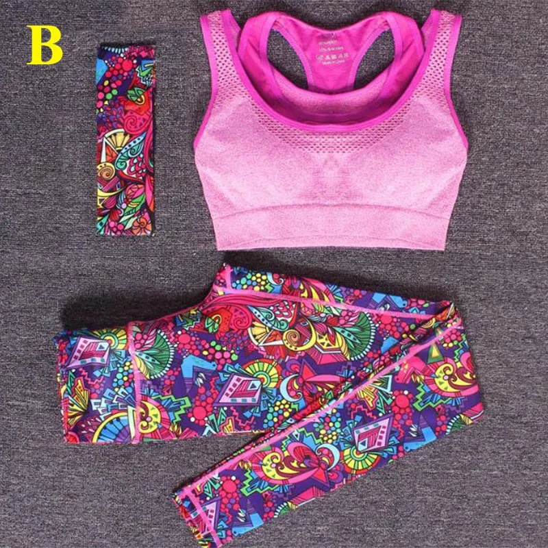 Women Yoga Fitness Sports Sets Gym Workout Sportswear 3pcs/Set Tracksuits Headband+Bra+Printed Yoga Pants Sport Leggings Suits