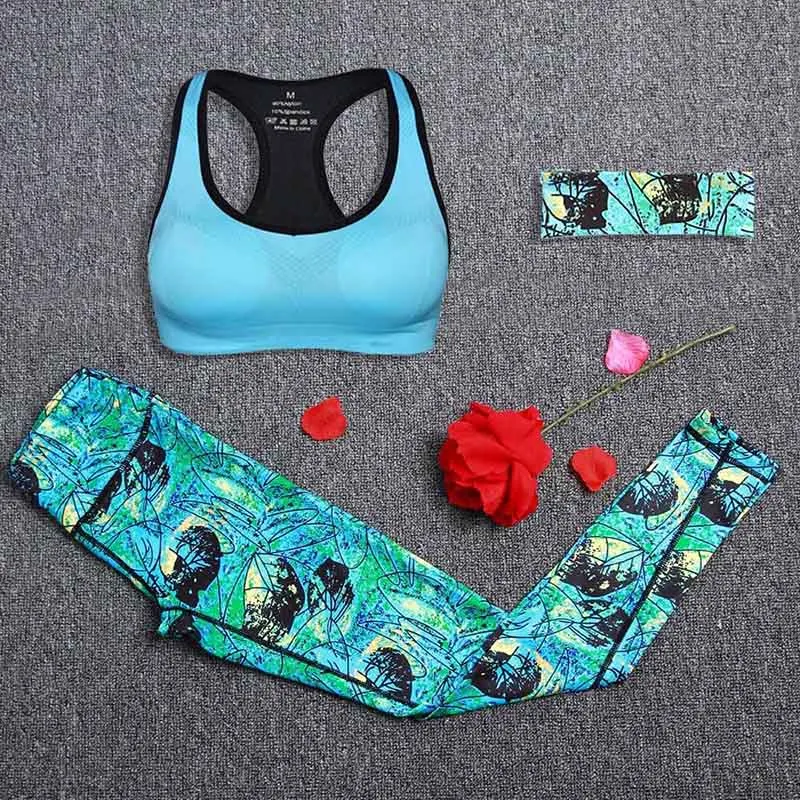 Women Yoga Fitness Sports Sets Gym Workout Sportswear 3pcs/Set Tracksuits Headband+Bra+Printed Yoga Pants Sport Leggings Suits