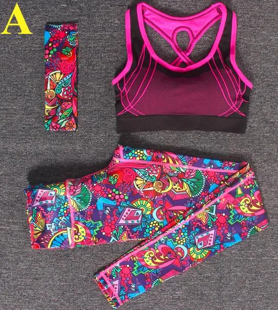 Women Yoga Fitness Sports Sets Gym Workout Sportswear 3pcs/Set Tracksuits Headband+Bra+Printed Yoga Pants Sport Leggings Suits