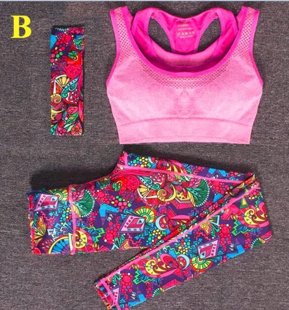 Women Yoga Fitness Sports Sets Gym Workout Sportswear 3pcs/Set Tracksuits Headband+Bra+Printed Yoga Pants Sport Leggings Suits