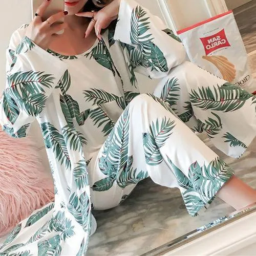 Women's 3 Pajamas Leaf Print Camouflage and Trousers Pajama Set S3574173