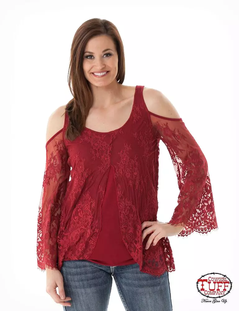 Women's Cowgirl Tuff Red Lace Cold Shoulder Shirt