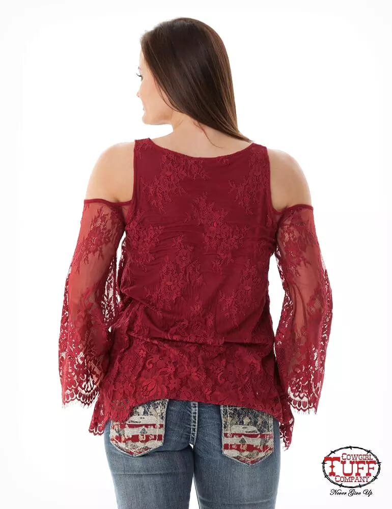 Women's Cowgirl Tuff Red Lace Cold Shoulder Shirt